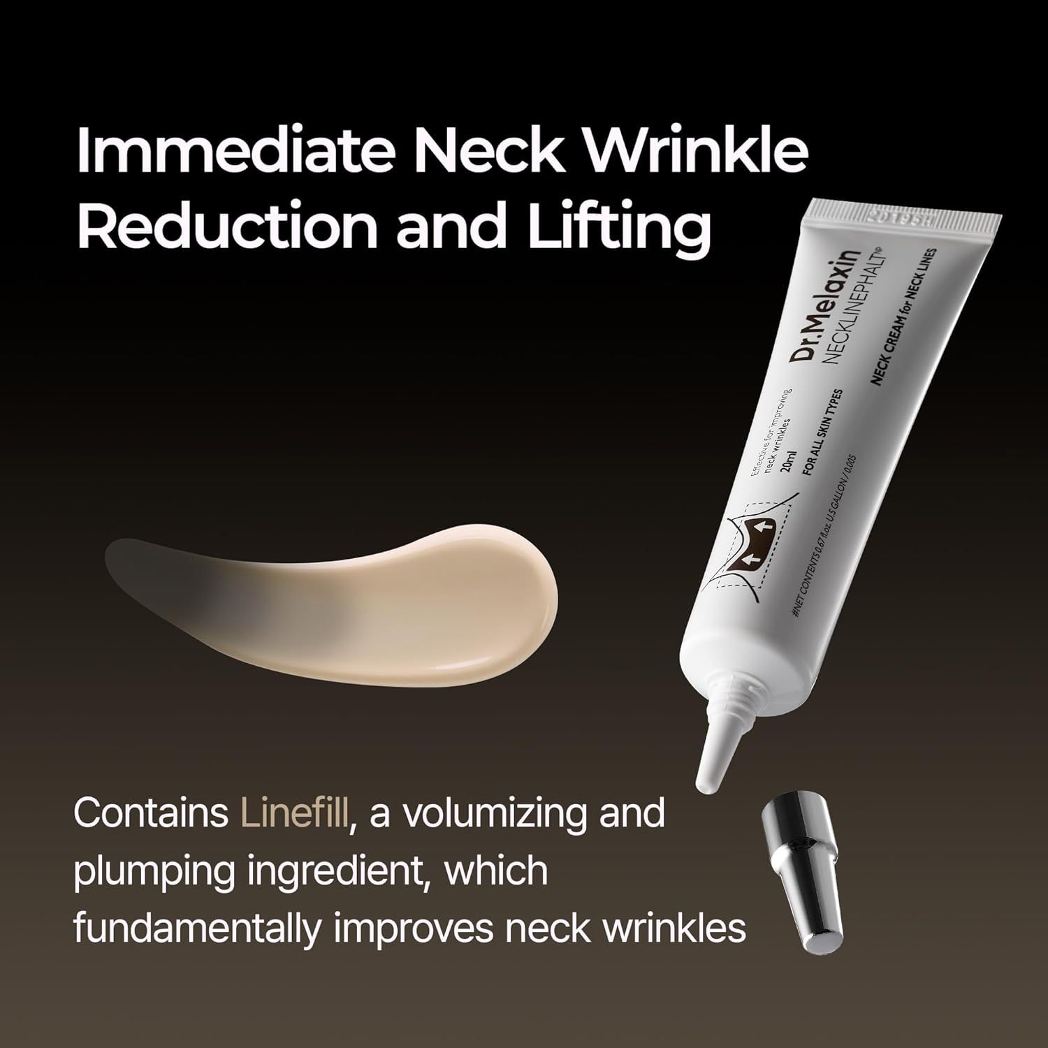 Dr. Melaxin Necklinephalt Halscreme Tube, mit Creme-Probe und abgenommenem Applikator.
