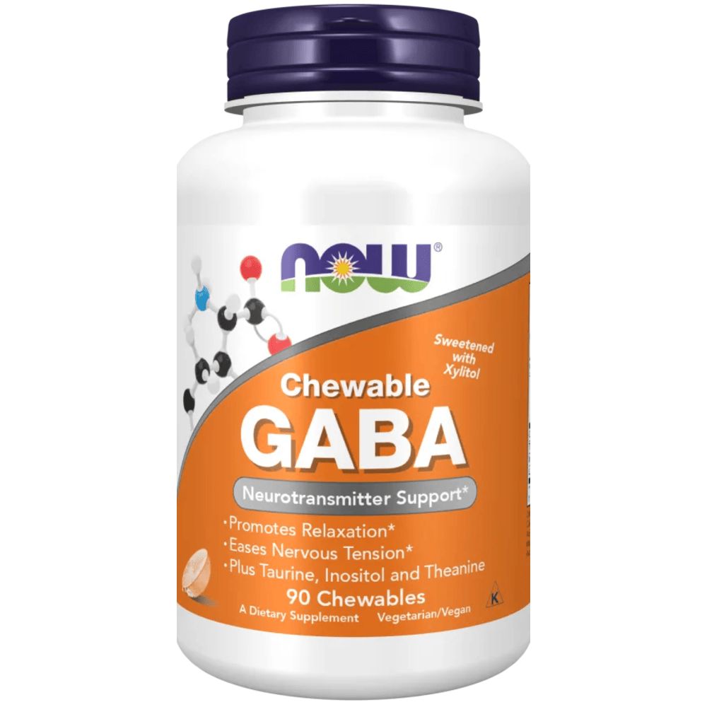 Weiße Flasche mit blauem Deckel. Aufschrift: NOW, Chewable GABA, 90 Chewables. Enthält Taurin, Inositol und Theanin.