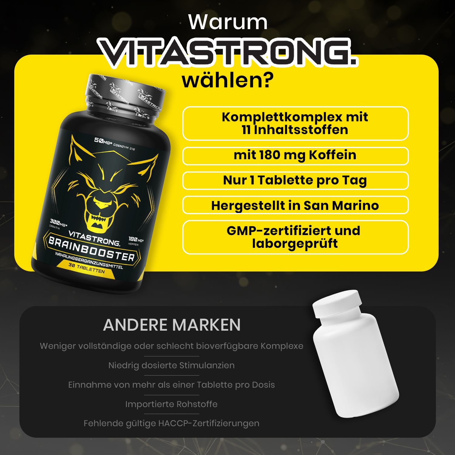 Vitastrong Brainbooster, Flasche und weiße Flasche. Text: 1 Tablette pro Tag, GMP-zertifiziert.