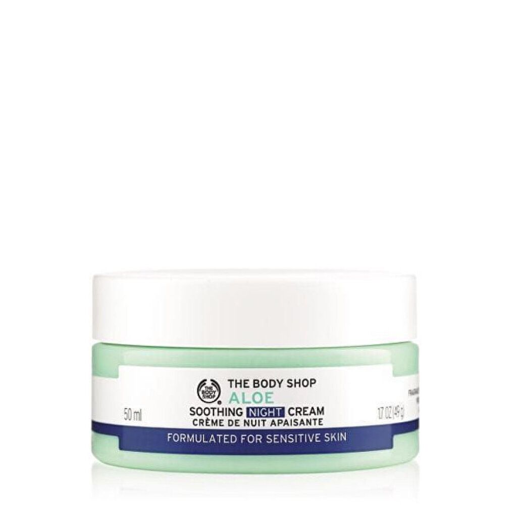 Creme-Tiegel mit weißem Deckel. Aufschrift: Aloe Soothing Night Cream. Für empfindliche Haut.