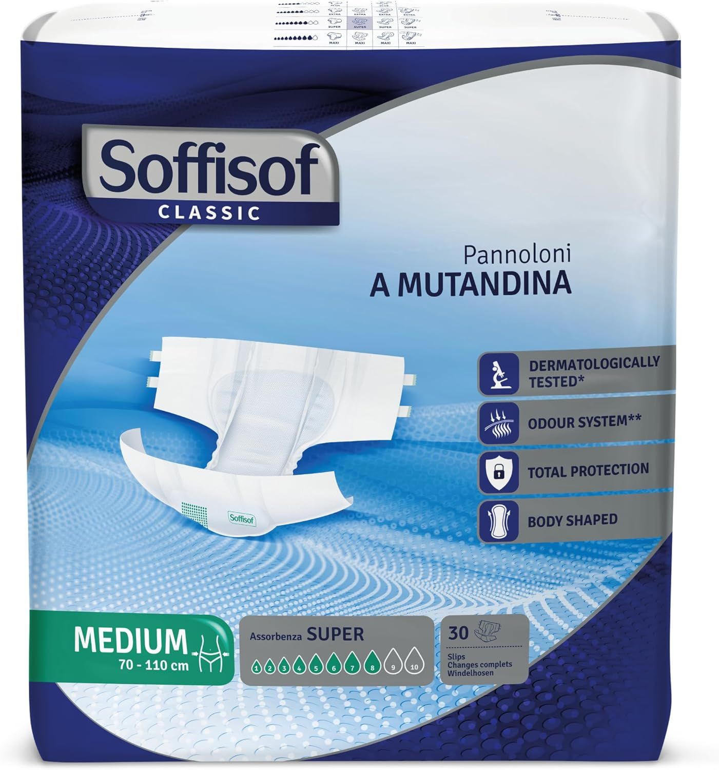 Verpackung Soffisof Classic Pannoloni. Medium, 30 Stück. Angaben zu Saugfähigkeit, dermatologisch getestet.