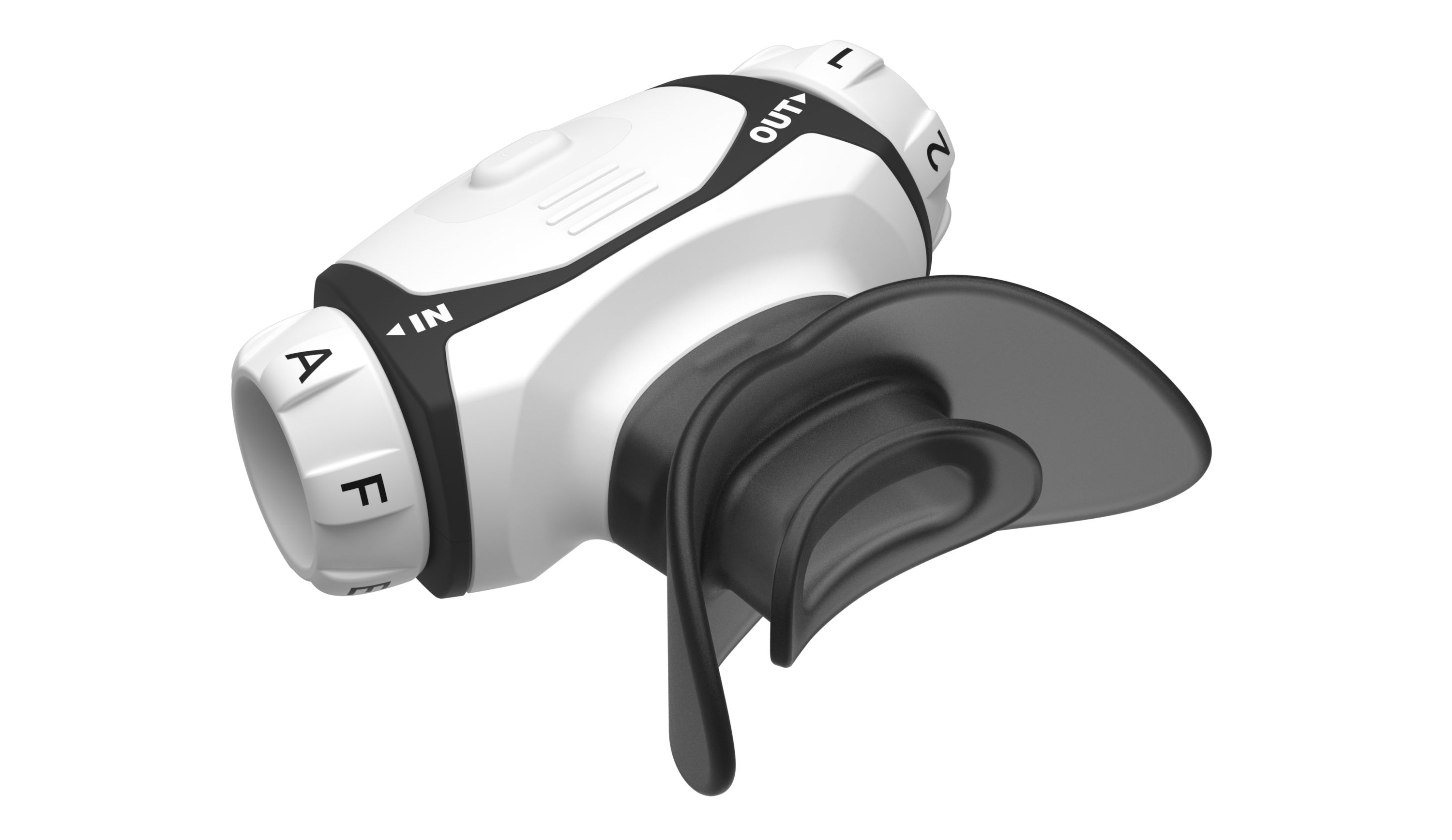 Atemtrainer, weiß-schwarz. Einstellrad mit Buchstaben und Zahlen. Mundstück mit Lippenhalterung.