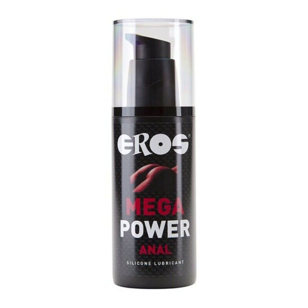 Schwarze Flasche mit Pumpe. Aufschrift: EROS MEGA POWER ANAL SILICONE LUBRICANT. Transparentes Etikett.