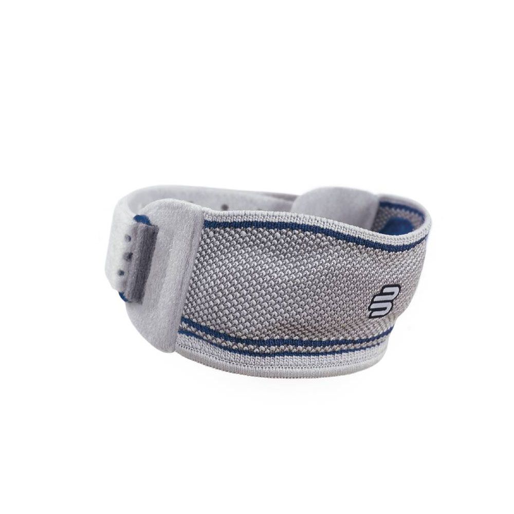 Patellasehnen-Bandage, grau mit blauen Akzenten. Klettverschluss und Logo. Gestricktes Material.