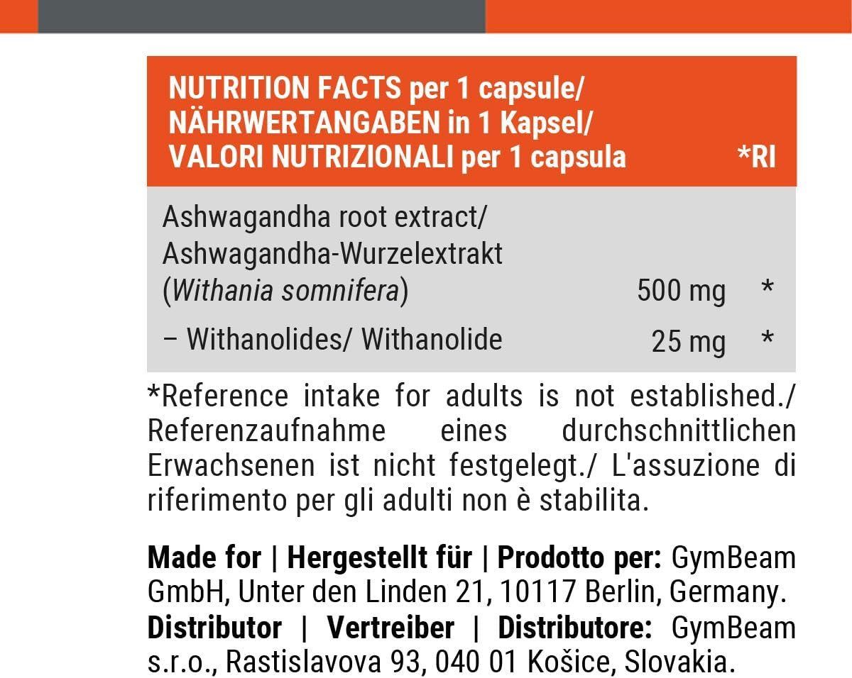 GYMBEAM Ashwagandha 500 mg: Nährwertangaben pro Kapsel. Hergestellt für GymBeam GmbH.