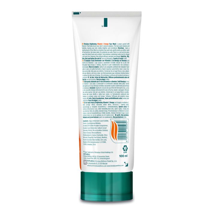 Himalaya aufhellendes Vitamin C Orangen-Gesichtswasser, 100 ml Tube. Rückseite mit Produktinformationen und Barcode.