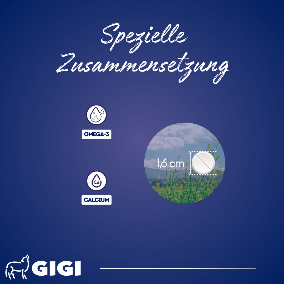 Grafik mit Inhaltsstoffen: Omega-3 und Calcium. Tablette mit Maßangabe: 1,6 cm.