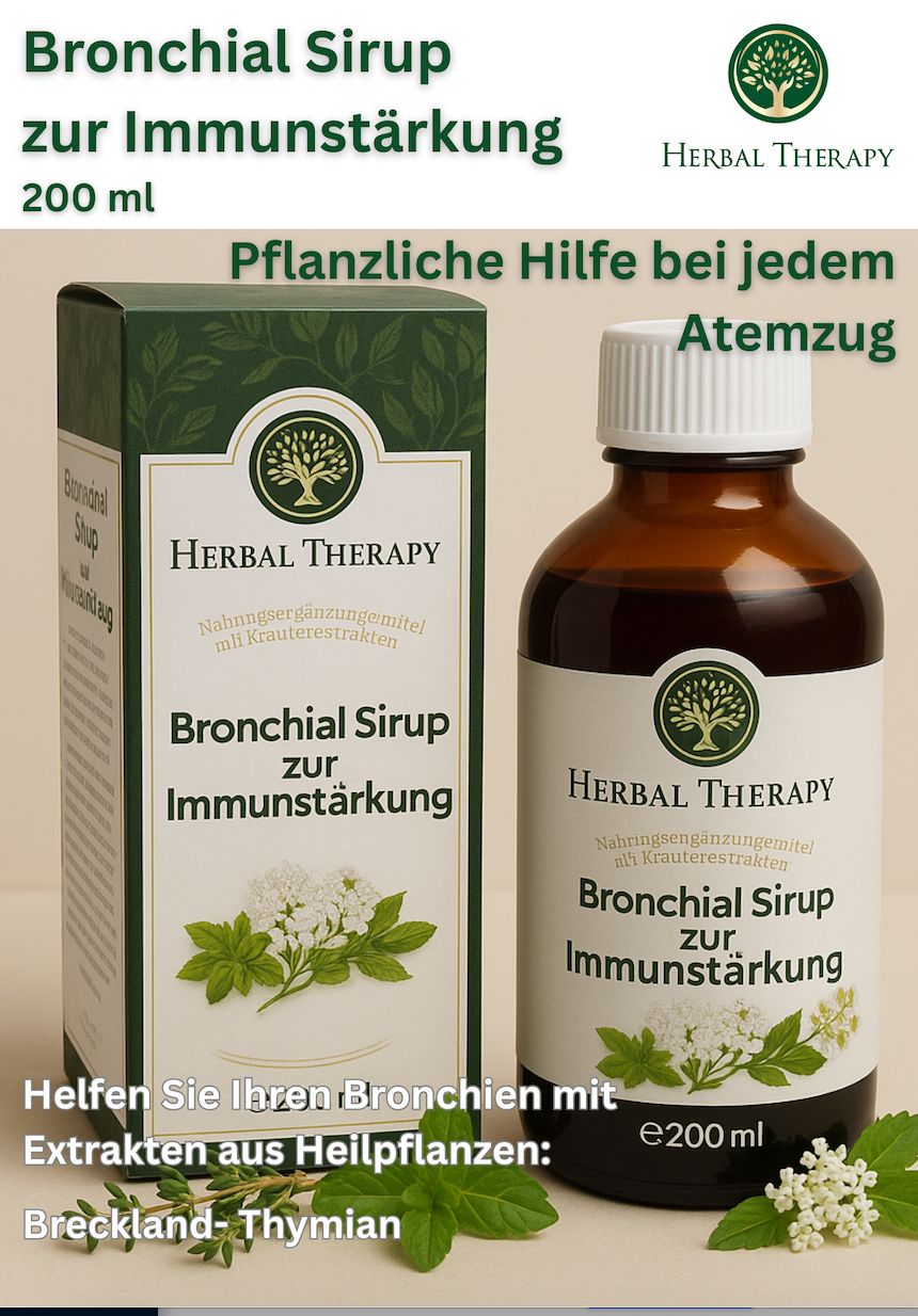 Produktflasche und Verpackung. Aufschrift: Herbal Therapy, Bronchial Sirup zur Immunstärkung, 200ml.