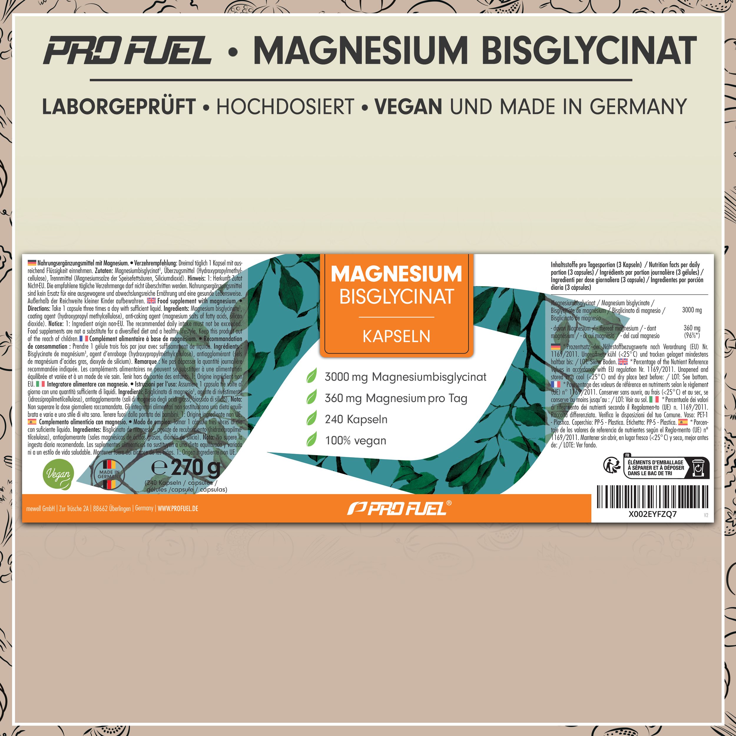 Verpackung mit Kapseln. Text: Magnesium Bisglycinat Kapseln, 3000 mg Magnesiumbisglycinat, 360 mg Magnesium pro Tag, 240 Kapseln, 100% vegan.