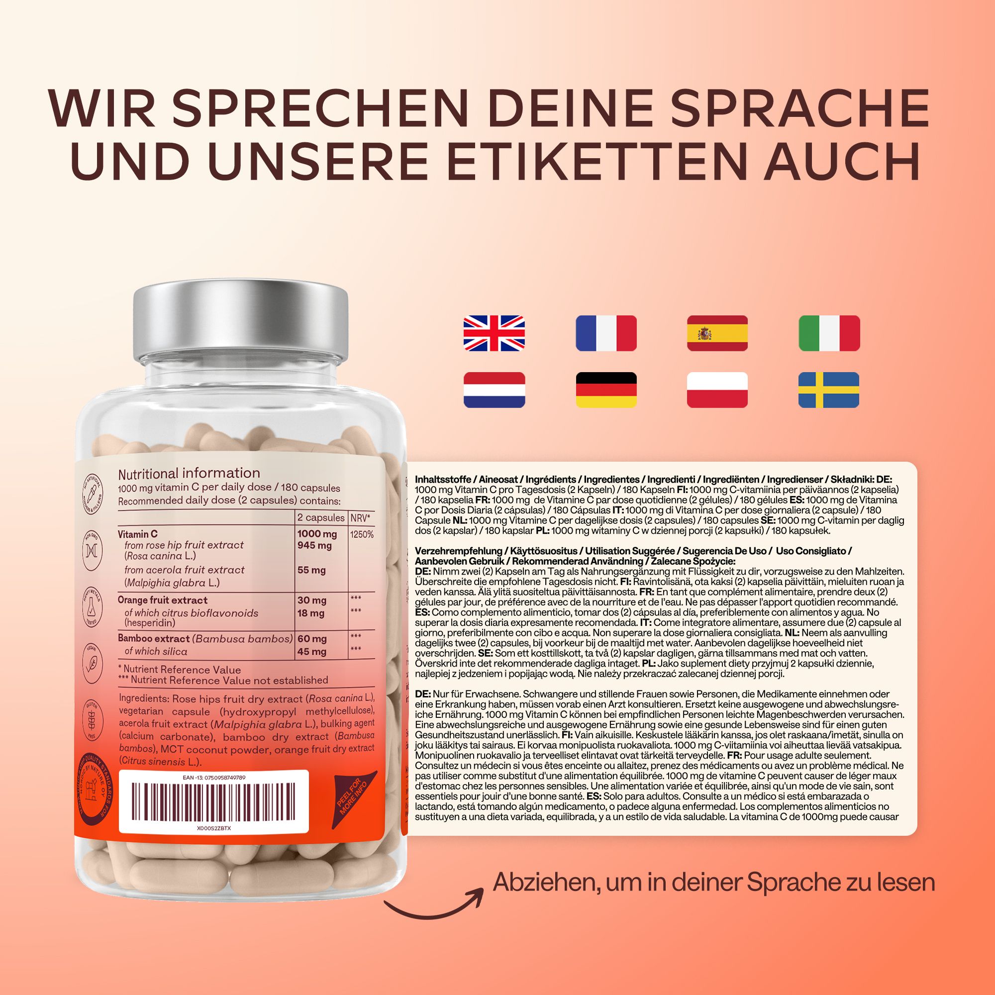 Produkt mit Zutaten. AAVALABS NATURAL VITAMIN C. Acerola, Hagebutte, Orange. Mit Vitamin C.