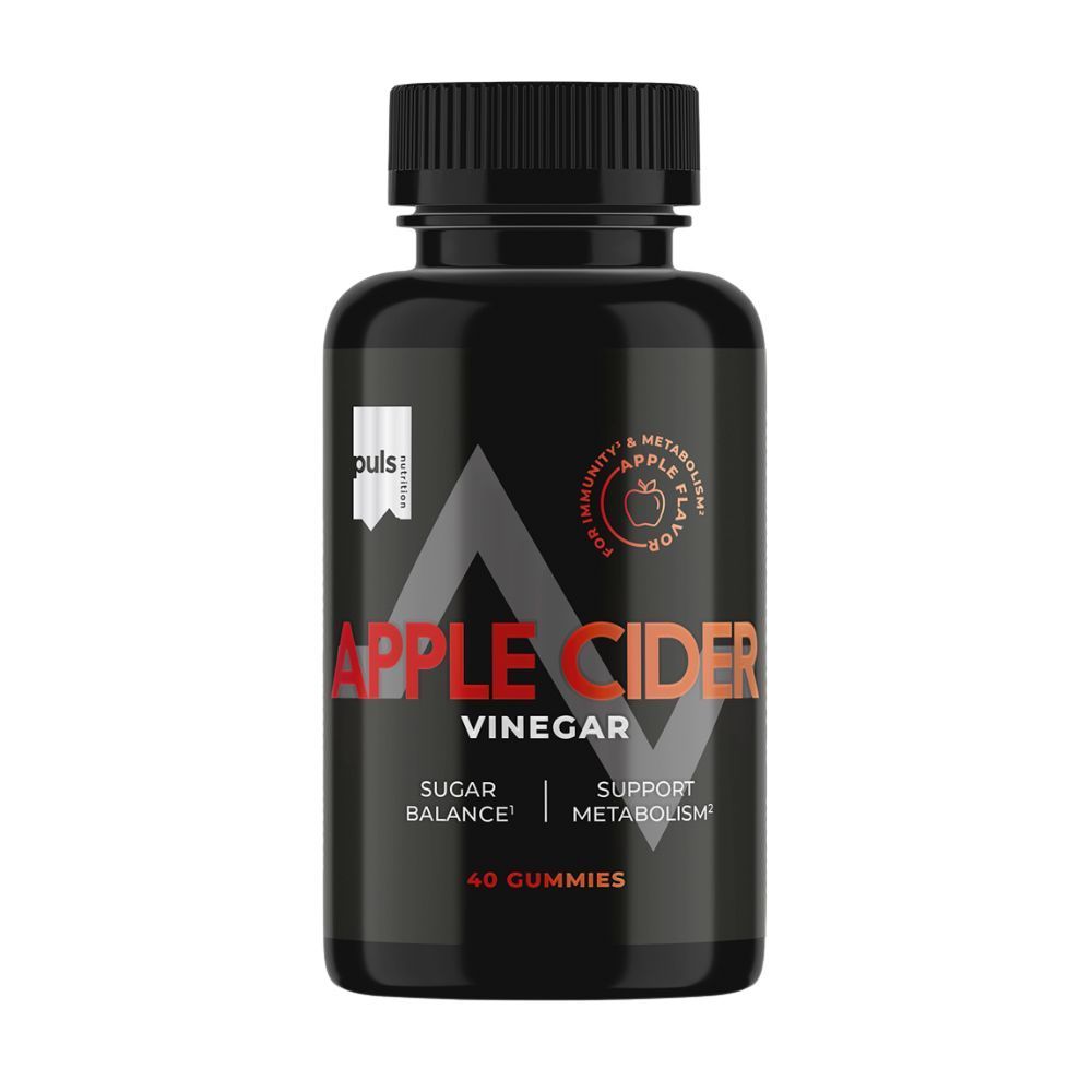 Schwarze Flasche mit "Apple Cider Vinegar"-Aufschrift. Enthält 40 Gummies. Marke: Puls Nutrition.