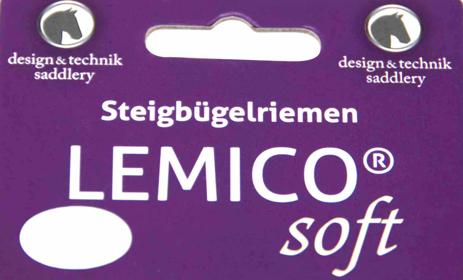 Verpackung für Steigbügelriemen. Text: design & technik saddlery, Steigbügelriemen, LEMICO soft.