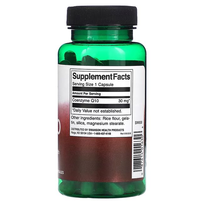 Rückseite einer grünen Flasche. Etikett mit "Supplement Facts", "Coenzyme Q10 30 mg" und Inhaltsstoffen.