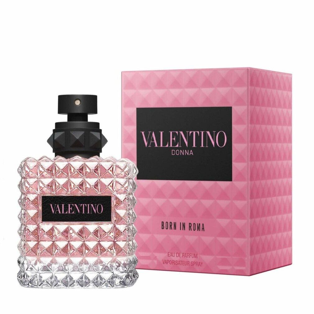 Valentino Born In Roma Damen Eau De Parfum. Rosa Verpackung und Flakon. Schwarzer Verschluss. Klarer Flakon mit rosa Flüssigkeit.