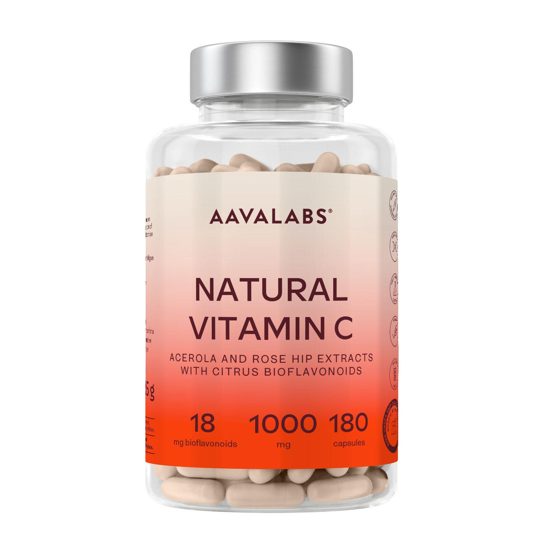 Klarflasche mit Kapseln. Aufschrift: AAVALABS NATURAL VITAMIN C. 1000 mg Vitamin C, 180 Kapseln.