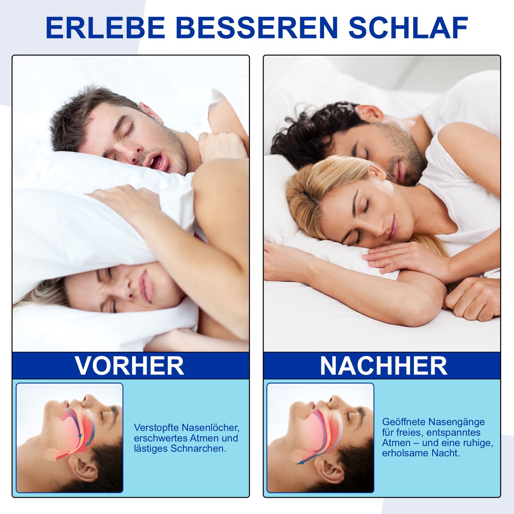 Vorher-Nachher-Vergleich. Verstopfte Nasenlöcher und Schnarchen vs. freie Nasengänge und erholsamer Schlaf. Diagramm.