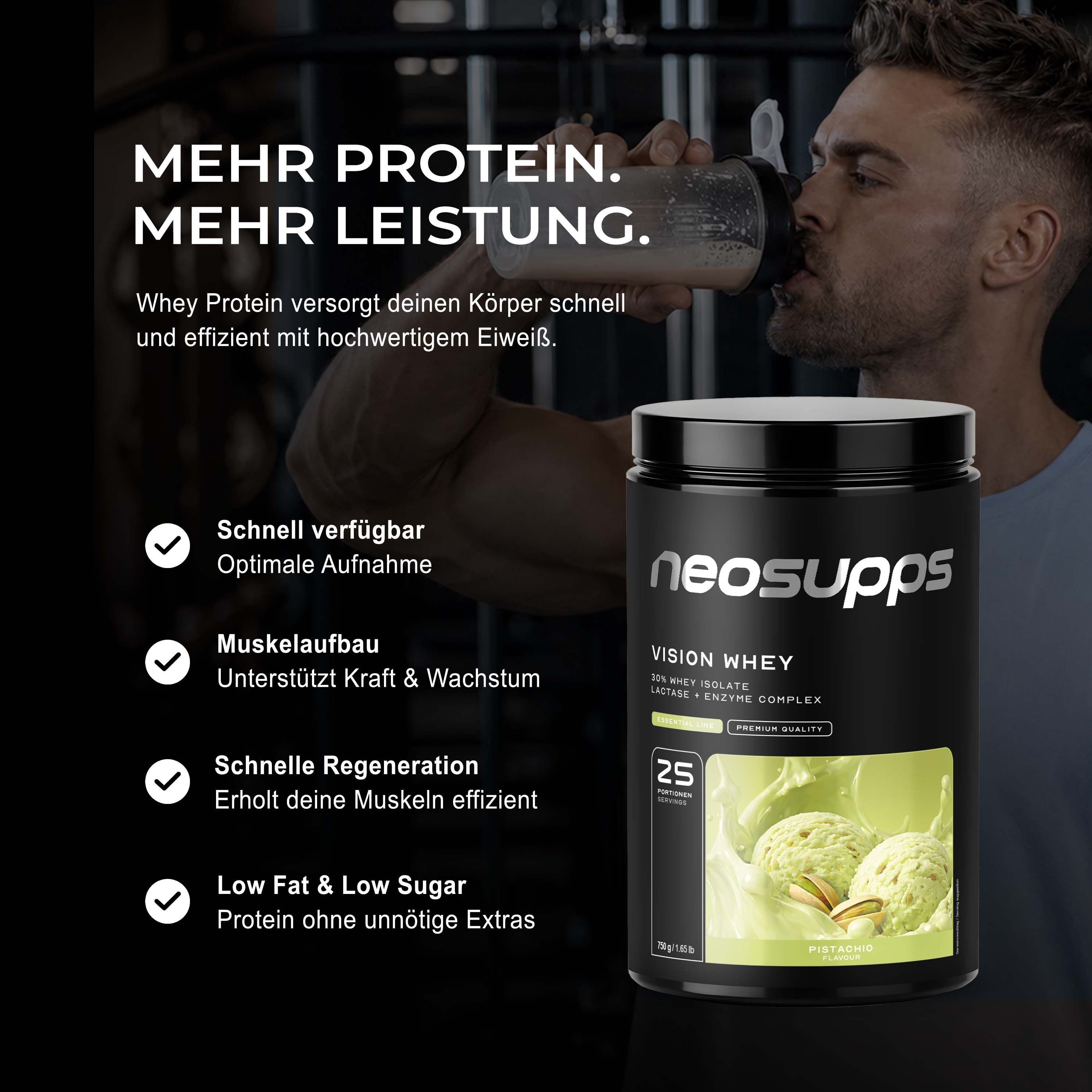 Neosupps Vision Whey Protein Pulver Pistachio, 750g, Protein Pulver für Proteinshakes