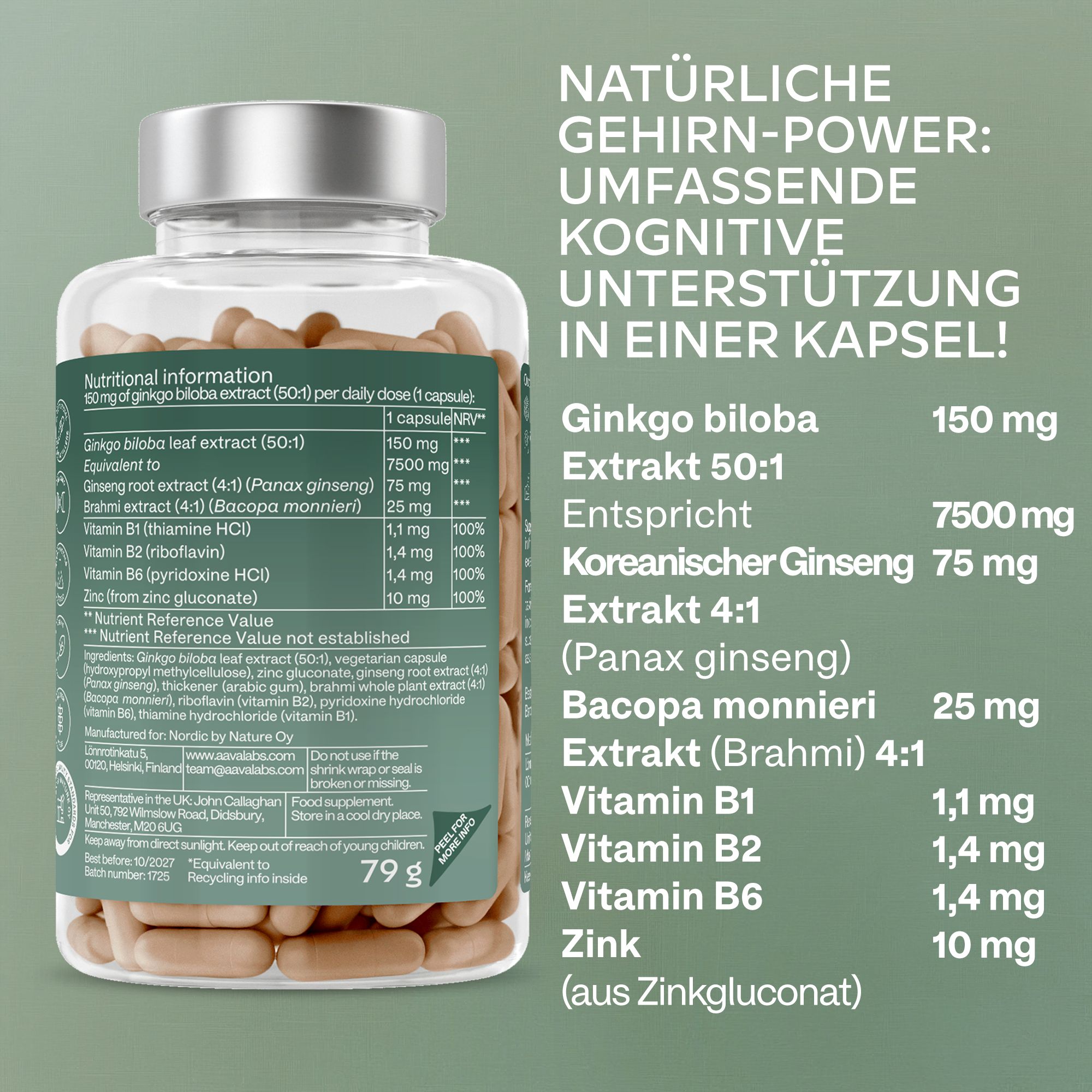Aavalabs Ginkgo Biloba Komplex: Nährwertangaben und Inhaltsstoffe.