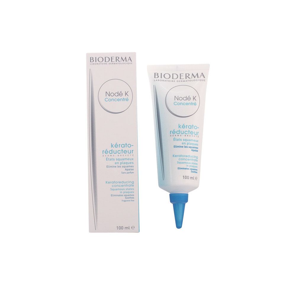 BIODERMA Node K Emulsion. Tube und Verpackung. Weiß, mit blauer Spitze. Text: Node K Concentré, kérato-réducteur.