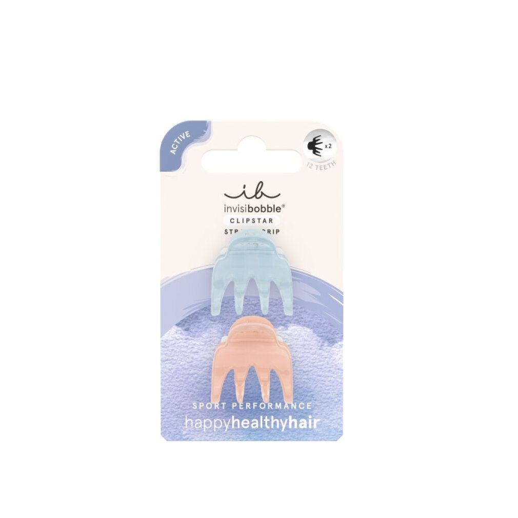 Zwei Haarspangen in Verpackung. Hellblau und rosa. Marke: invisibobble. Schriftzug: Clipstar, happyhealthyhair.