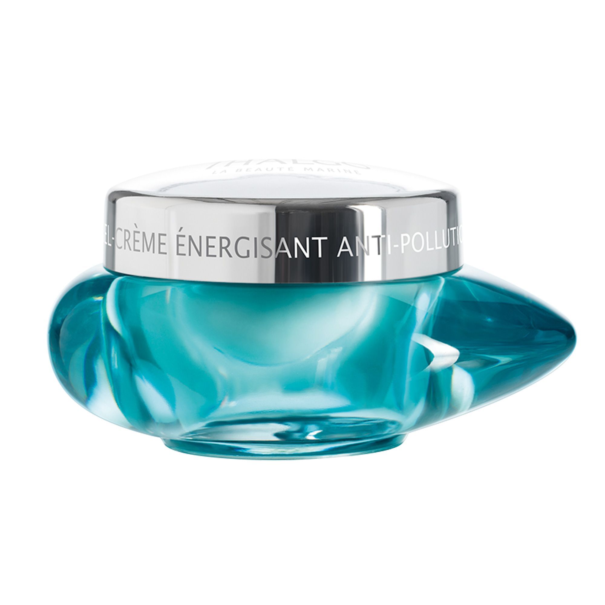 Türkisfarbenes Glas mit silbernem Deckel. Auf dem Deckel steht "CRÈME ÉNERGISANT ANTI-POLLUTION".
