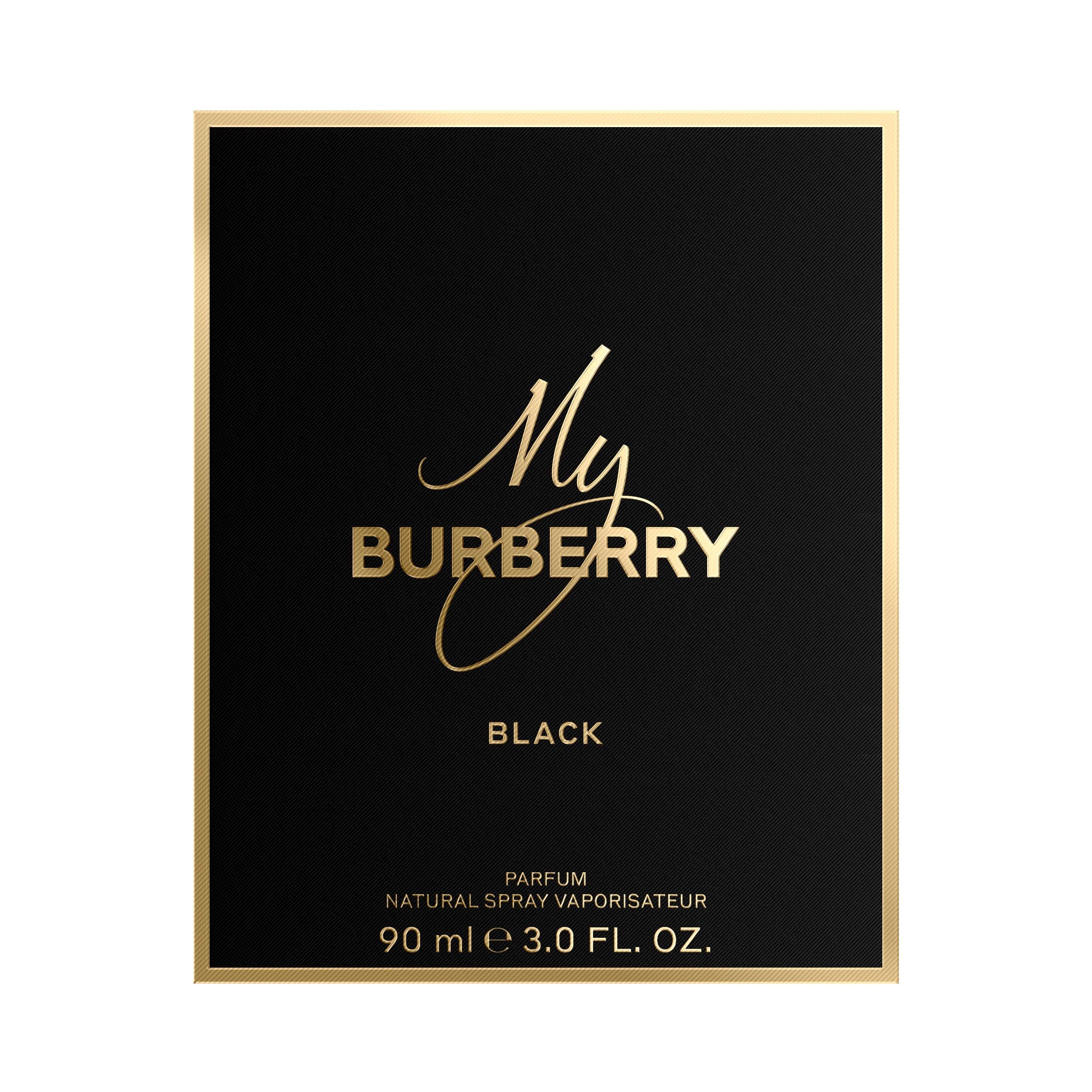 Schwarze Schachtel mit goldenem Schriftzug My Burberry Black. Aufschrift: Parfum, 90 ml.