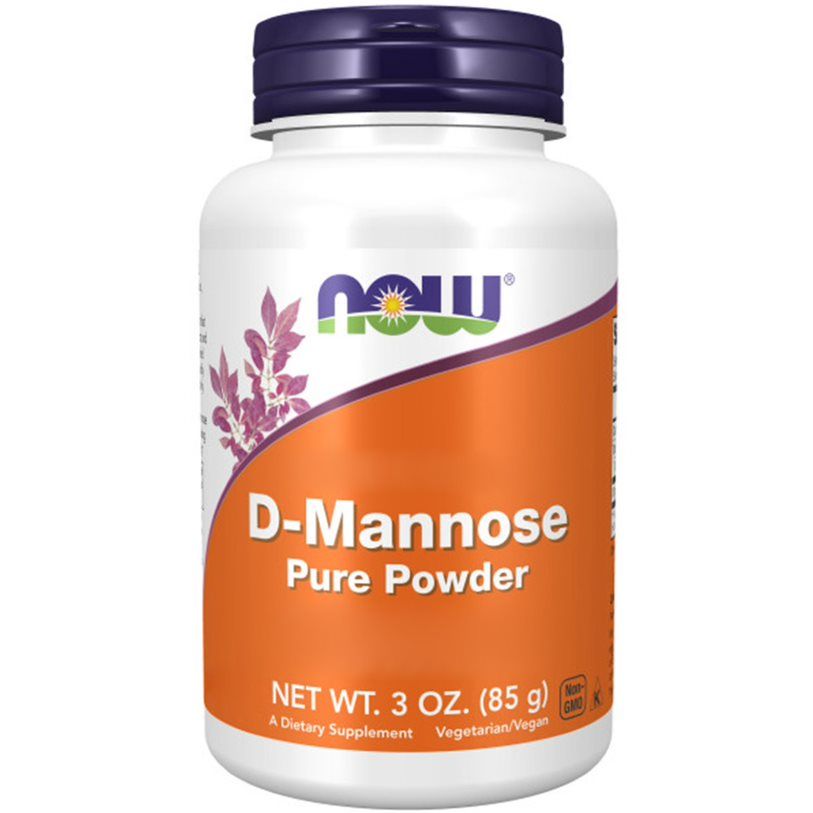 Weiße Dose mit blauem Deckel. Aufschrift: NOW, D-Mannose Pure Powder. Nettogewicht: 3 oz. (85 g).