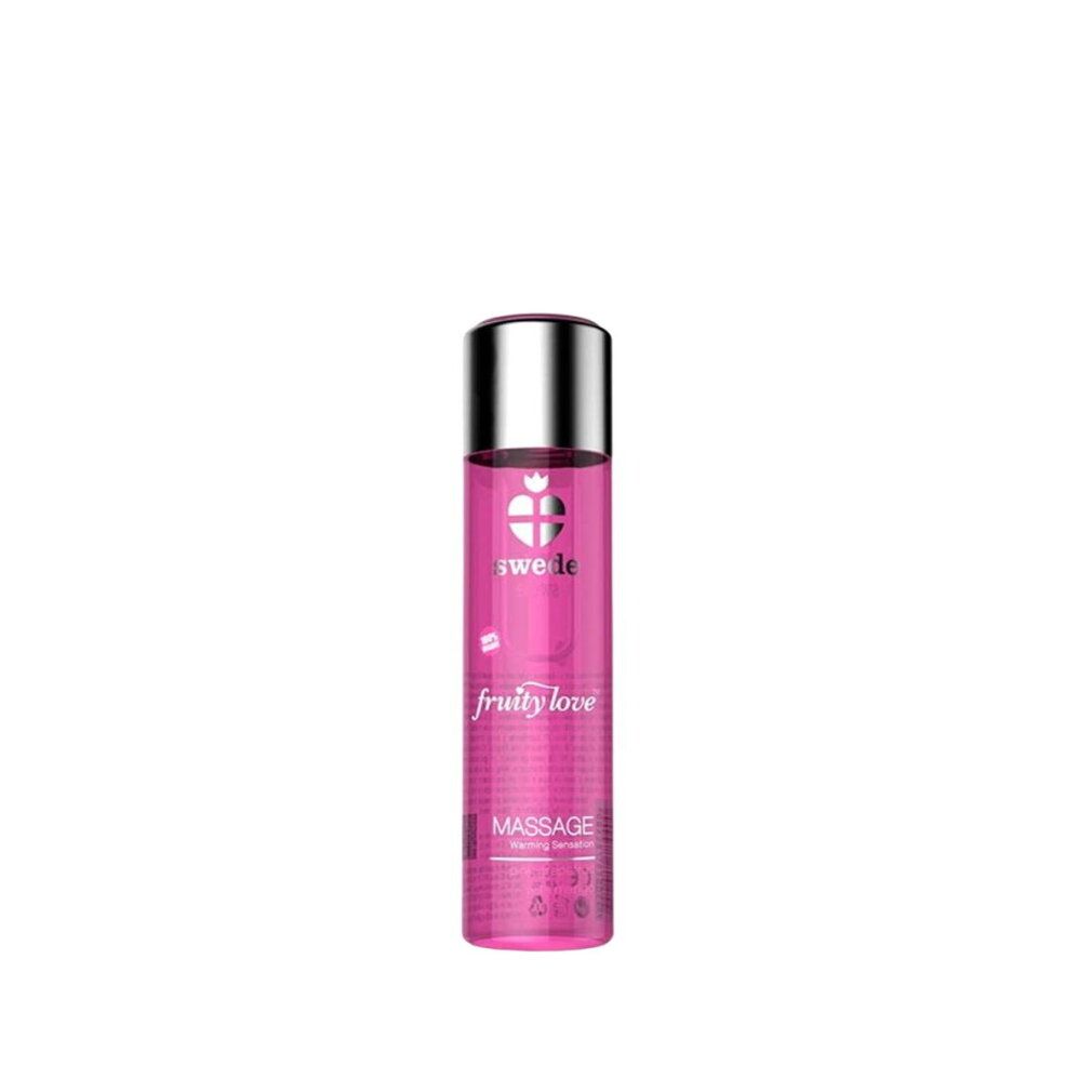 Rosa Flasche mit silbernem Deckel. Aufschrift: Swede, fruity love, Massage.