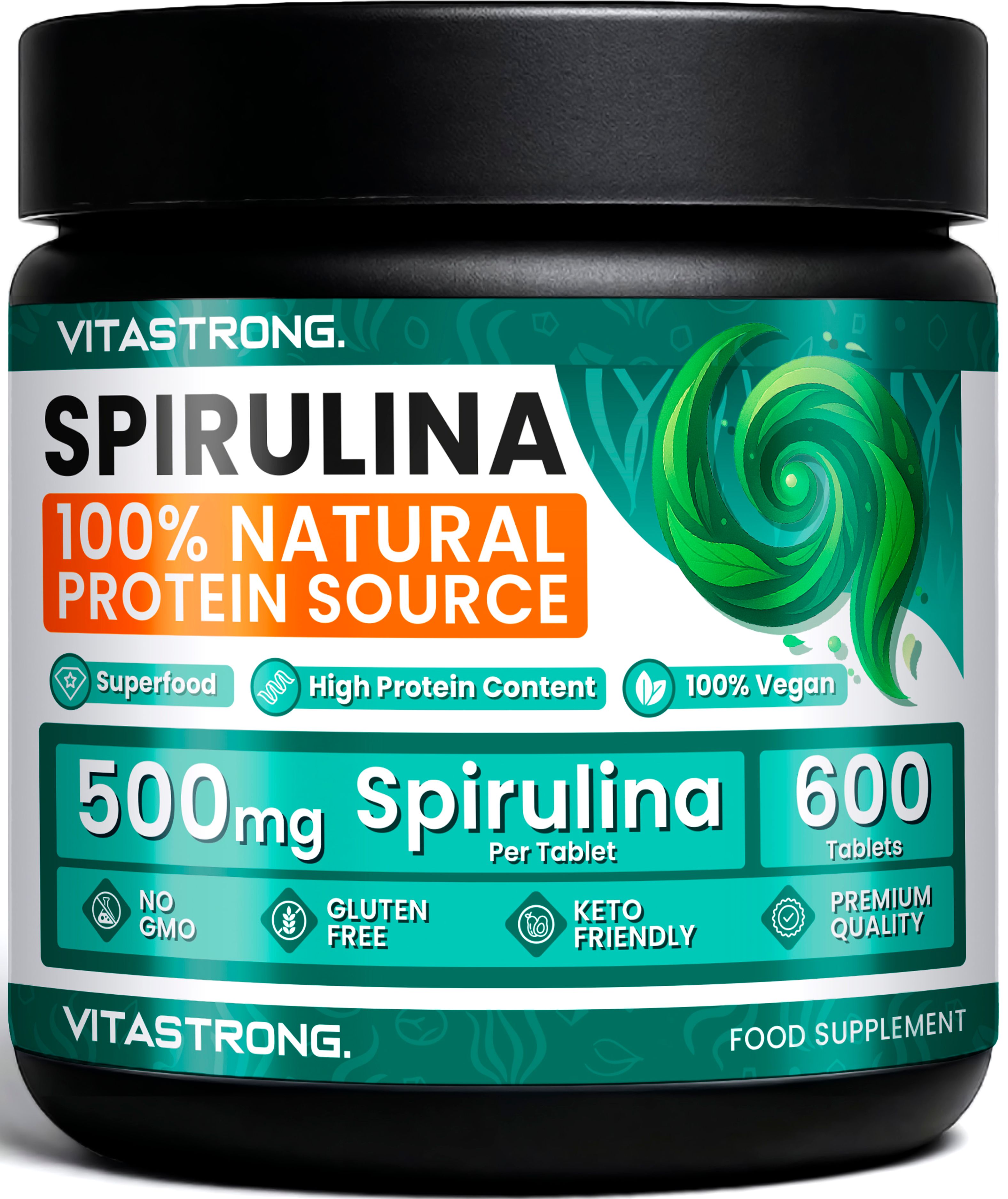 Vitastrong Spirulina Dose, 600 Tabletten, 500mg pro Tablette. 100% natürliche Proteinquelle.