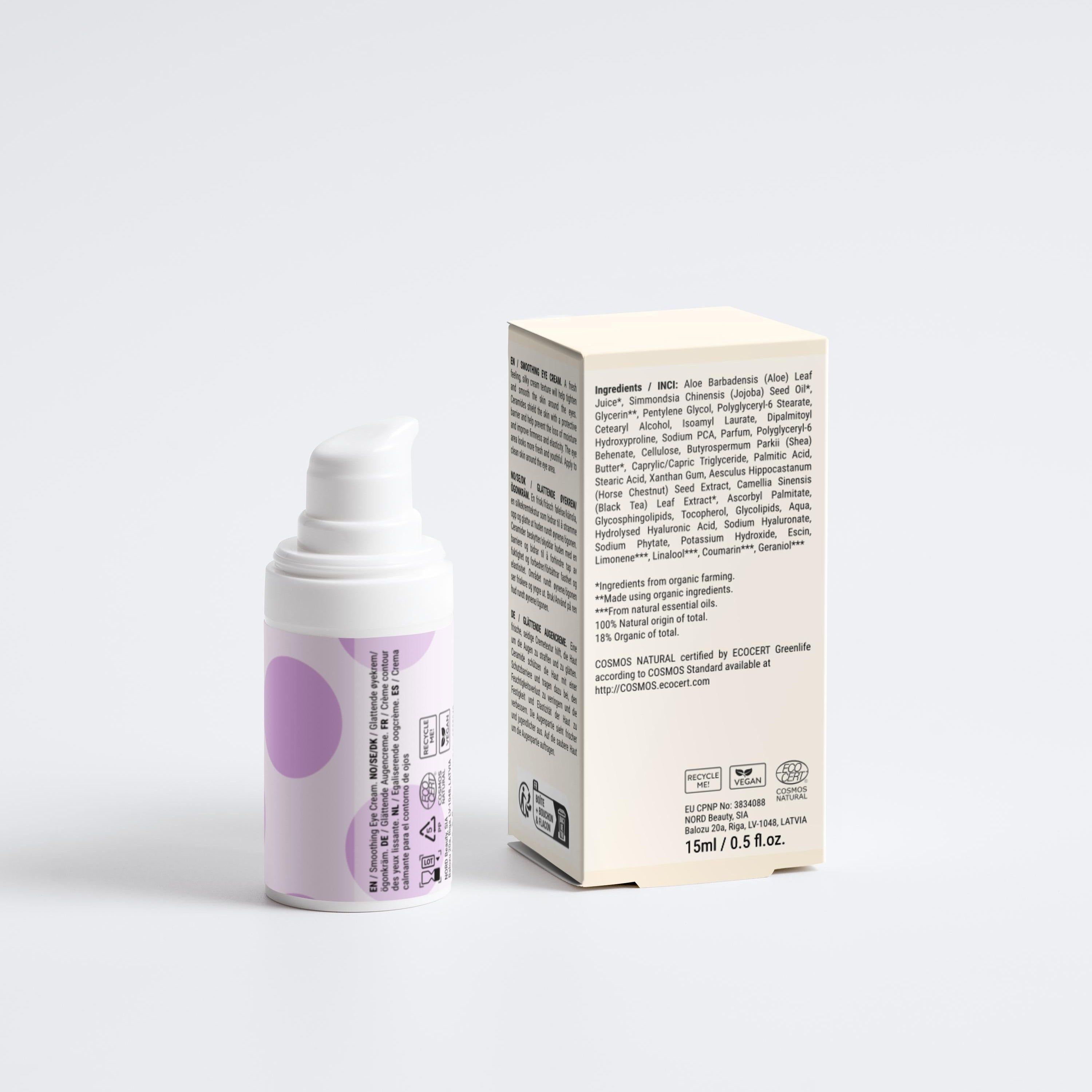 Zero Skin Glättende Augencreme und Faltschachtel mit Inhaltsstoffen.