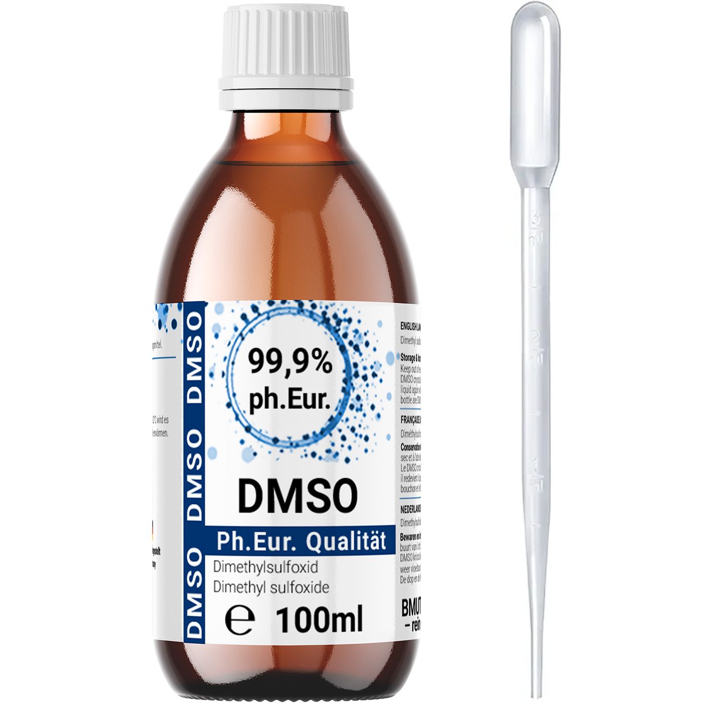 Braunglasflasche mit weißem Deckel und Etikett. Enthält DMSO 99,9% ph. Eur. Eine Pipette liegt daneben.