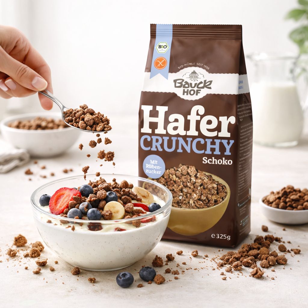 Bauckhof Hafer Crunchy Schoko glutenfrei Müsli in einer braunen Packung, daneben eine Schüssel mit Müsli und Früchten.