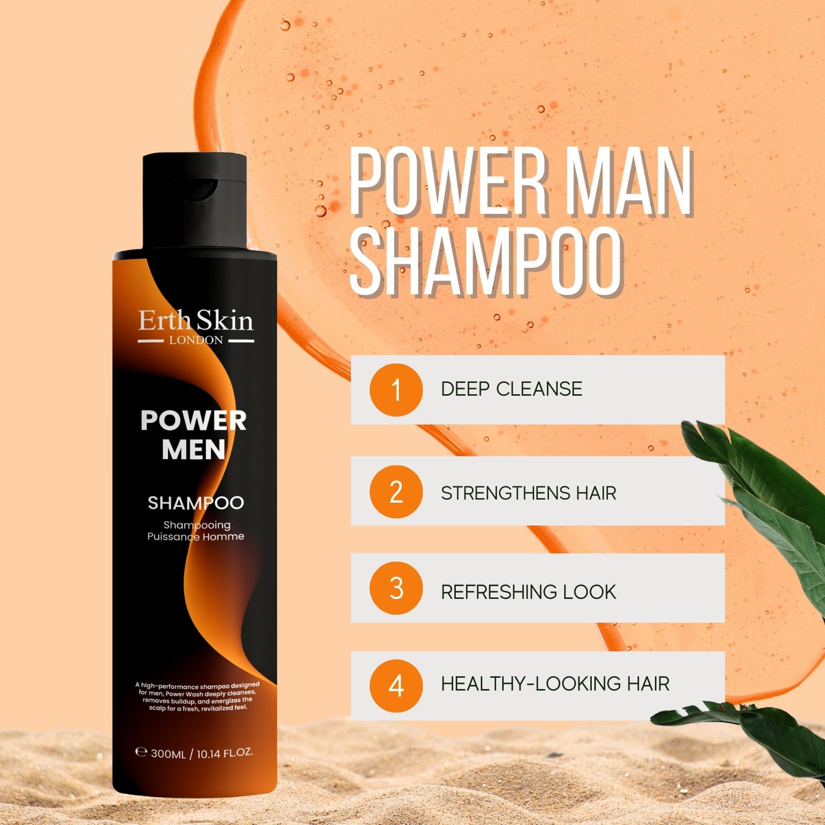 Schwarze Shampoo-Flasche mit orangefarbenem Design. Erth Skin London, Power Men Shampoo, mit 4 Vorteilen.