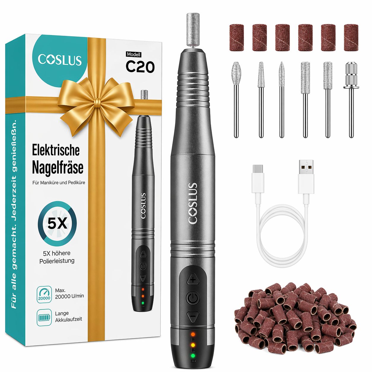 Maniküre-Set mit Gerät, Aufsätzen, Kabel und Zubehör. Verpackung mit Produktnamen COSLUS und Modell C20.