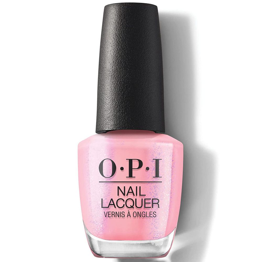OPI Nagellacke Flasche. Rosa Lack, schwarzer Deckel. Schriftzug.