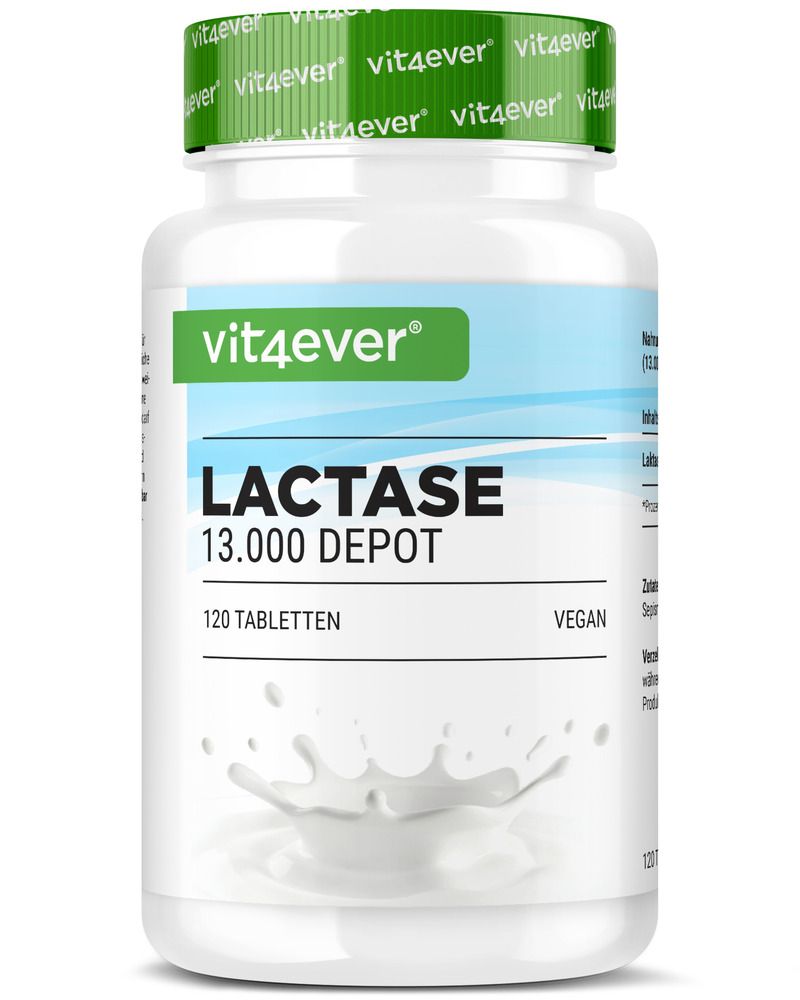 Weiße Flasche mit grünem Deckel. Aufschrift: vit4ever, Laktase 13.000 Depot, 120 Tabletten, Vegan. Milchspritzer.