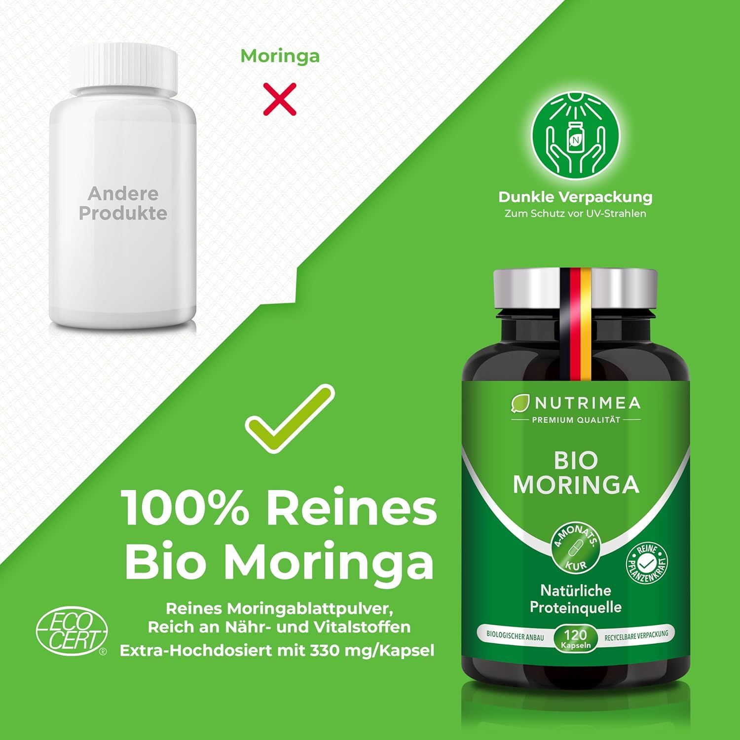 Vergleich: weiße Flasche vs. grüne Flasche "BIO MORINGA". Text: 100% reines Bio Moringa, Eco-Cert-Siegel.