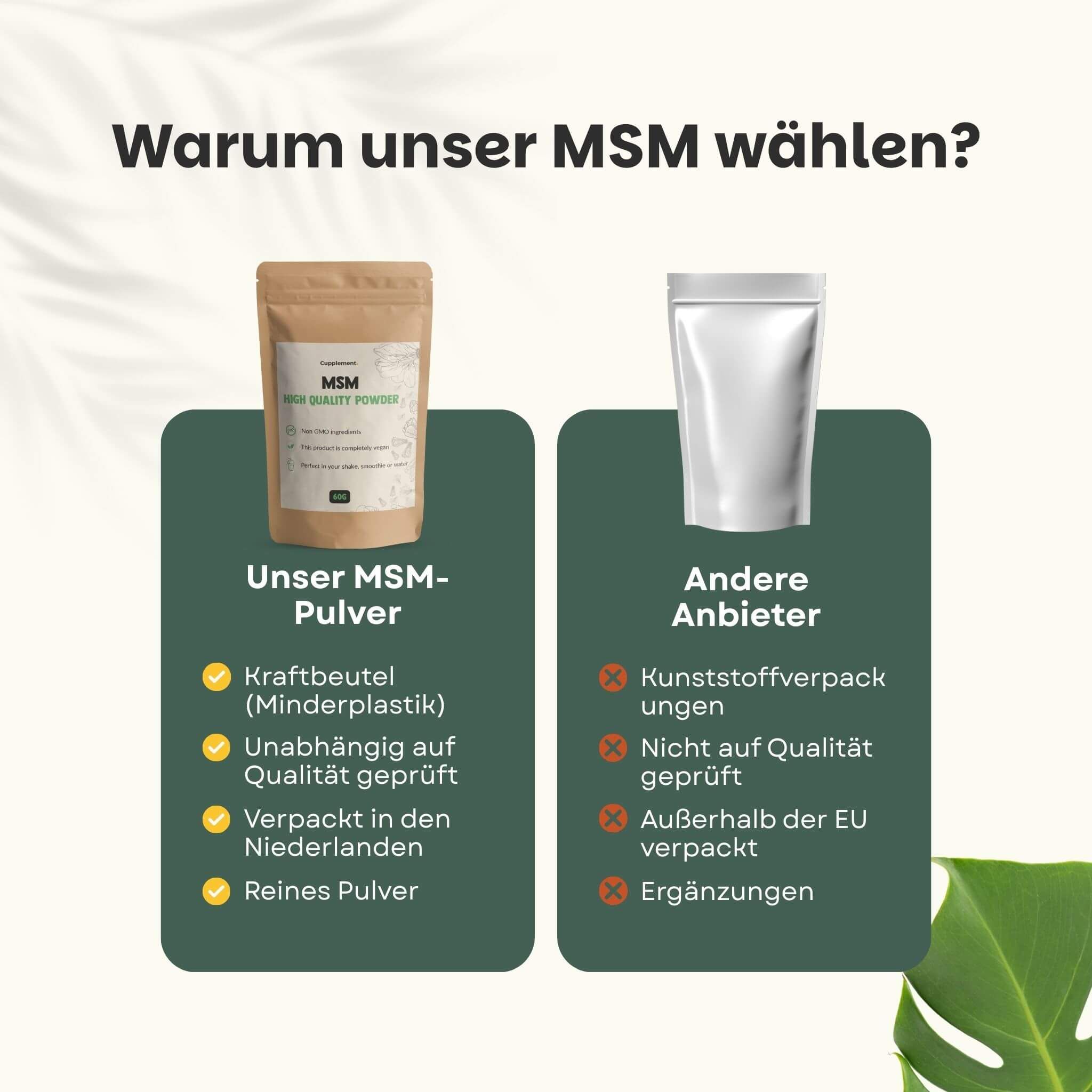Beutel mit MSM-Pulver. Text: MSM High Quality Powder. Kundenbewertung 4,7/5. Zitate von Kunden.
