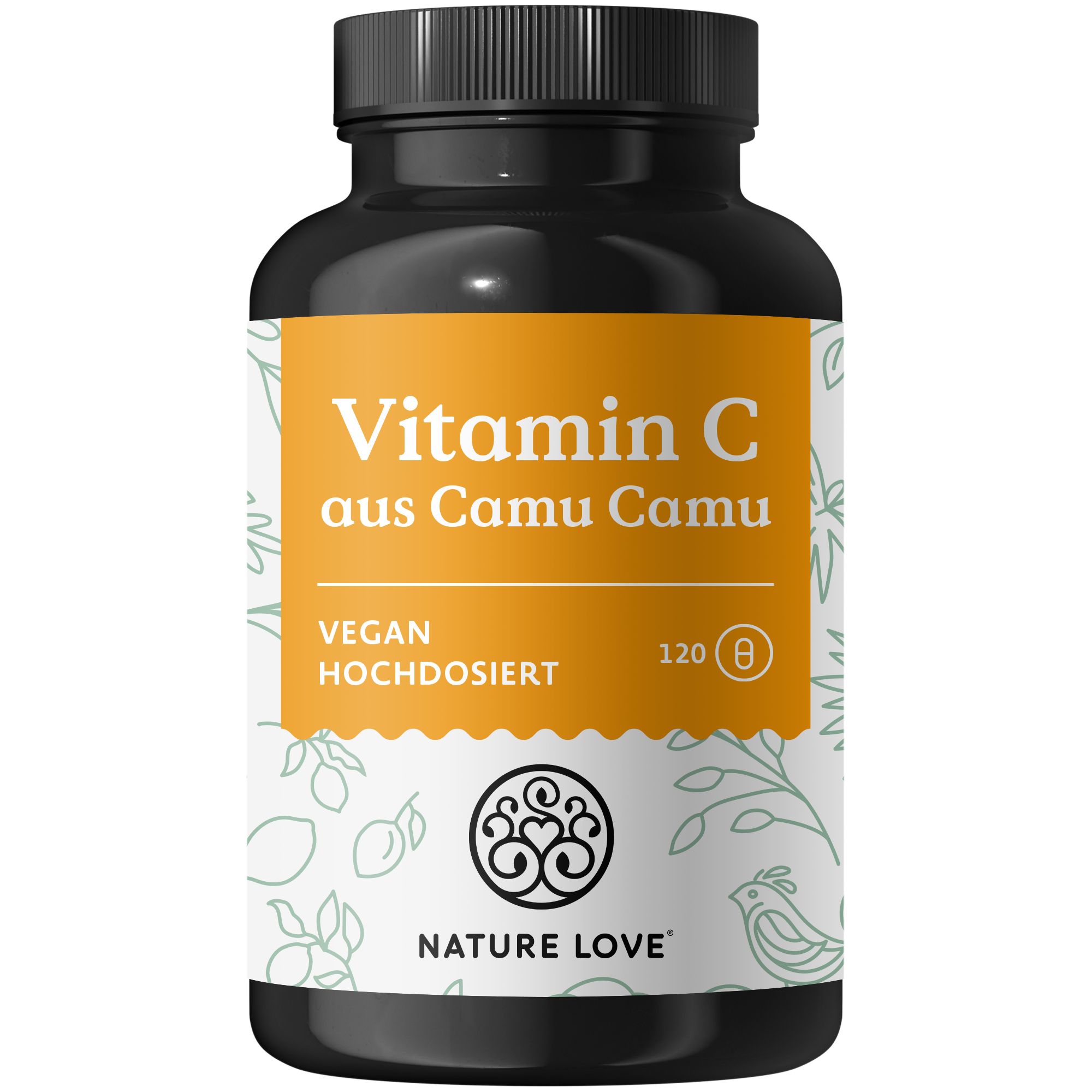 Braune Flasche NATURE LOVE® Vitamin C aus Camu Camu. Aufkleber mit Produktinformationen und Logo. 120 Kapseln.