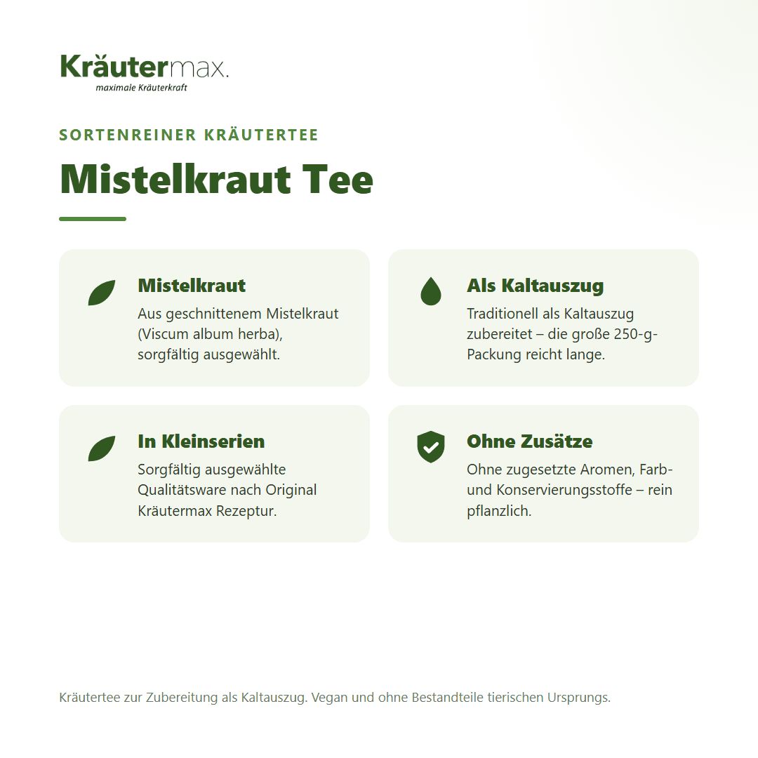 Vier Infoboxen zu Kräutermax Mistelkraut Tee: Inhaltsstoffe, Zubereitung, Qualität.