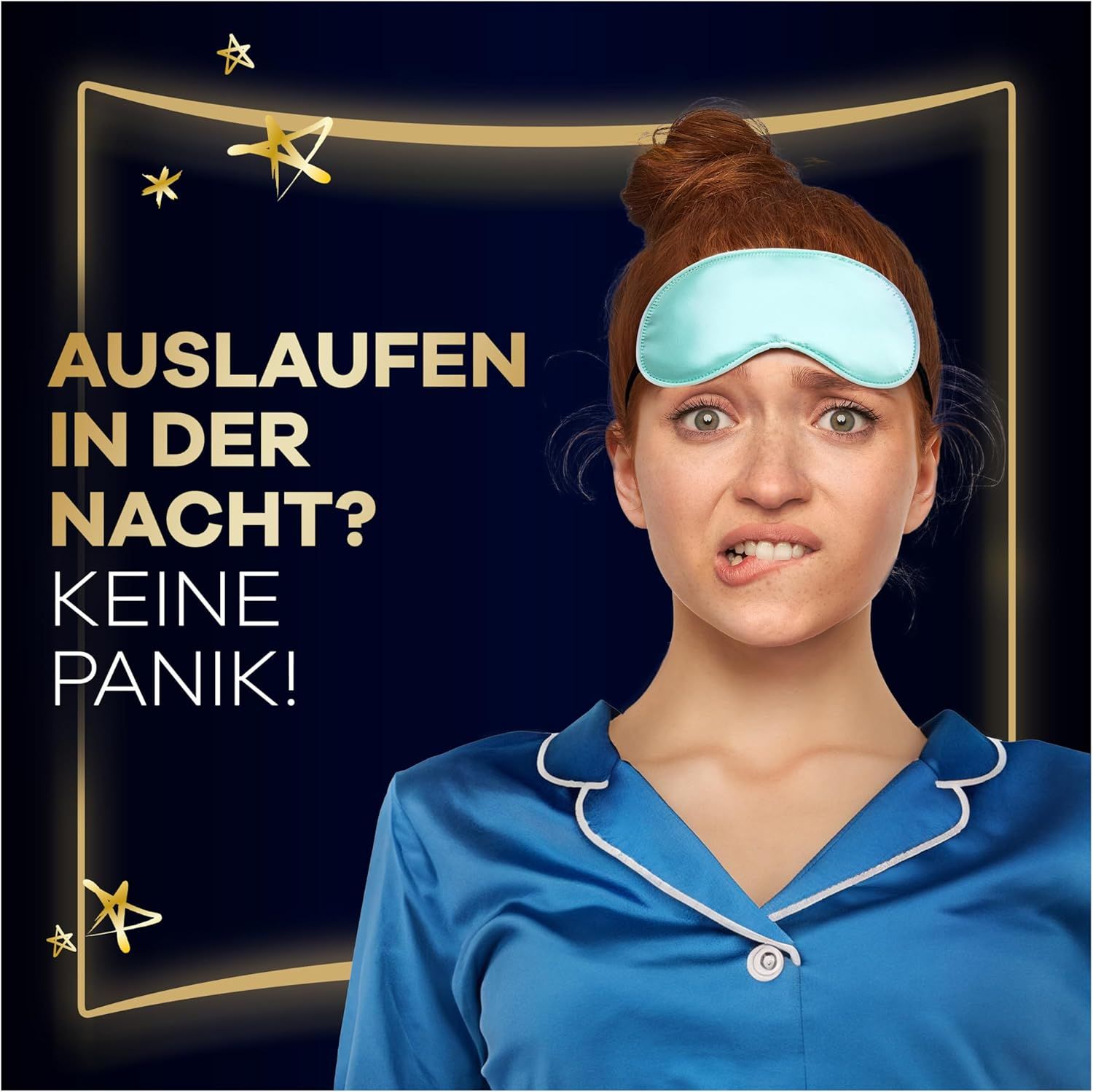 Frau mit Schlafmaske, besorgt. Text: Auslaufen in der Nacht? Keine Panik!