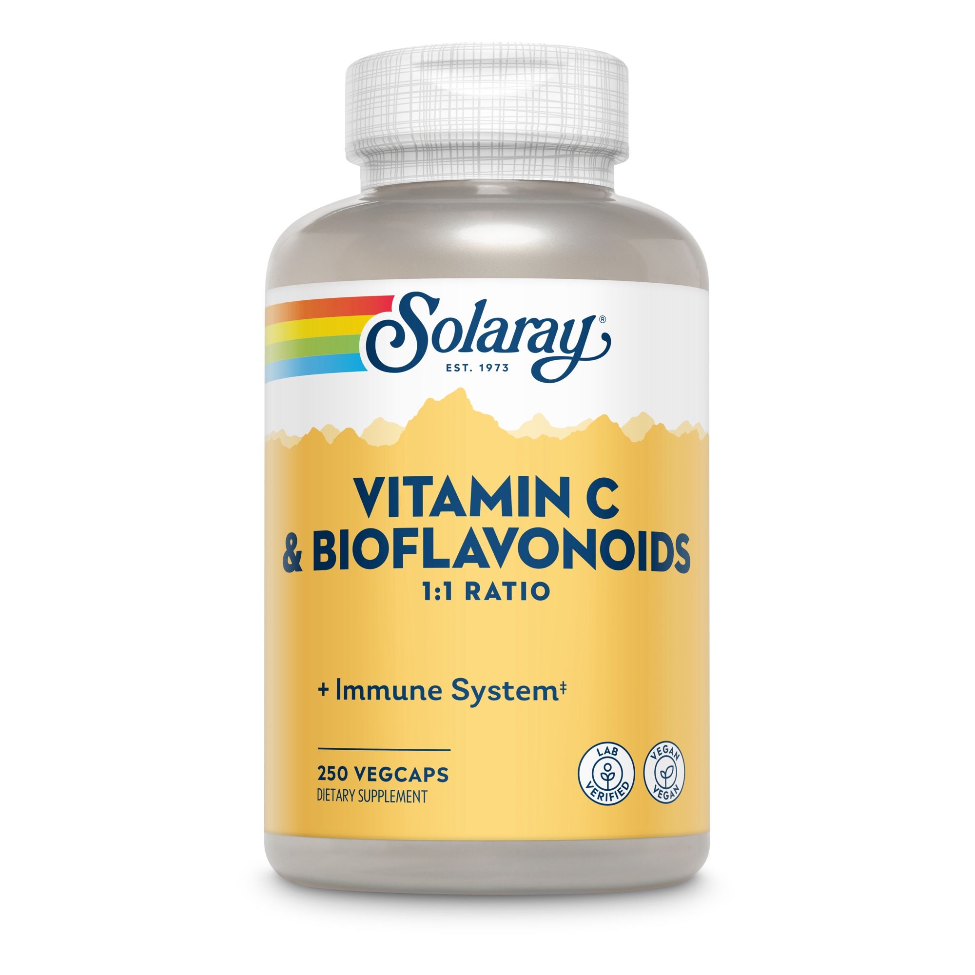 Solaray Vitamin C & Bioflavonoide 1:1 Flasche. Gelbes Etikett, weißer Deckel. Text: 250 Vegcaps.