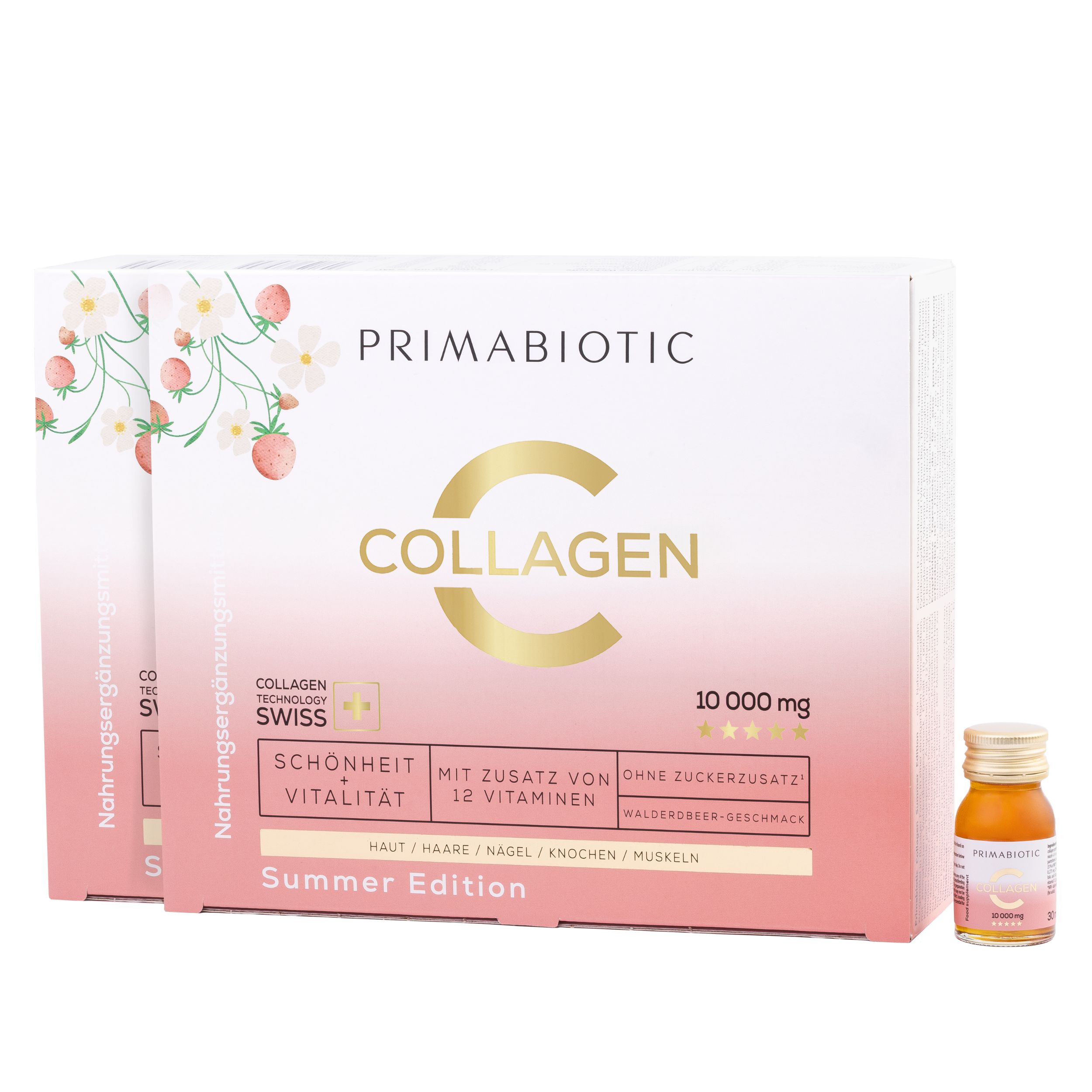 Zwei Packungen Primabiotic Collagen Summer, je 30 Flaschen. Eine einzelne Flasche steht daneben. Aufdruck: Collagen, 10.000 mg, Summer Edition.