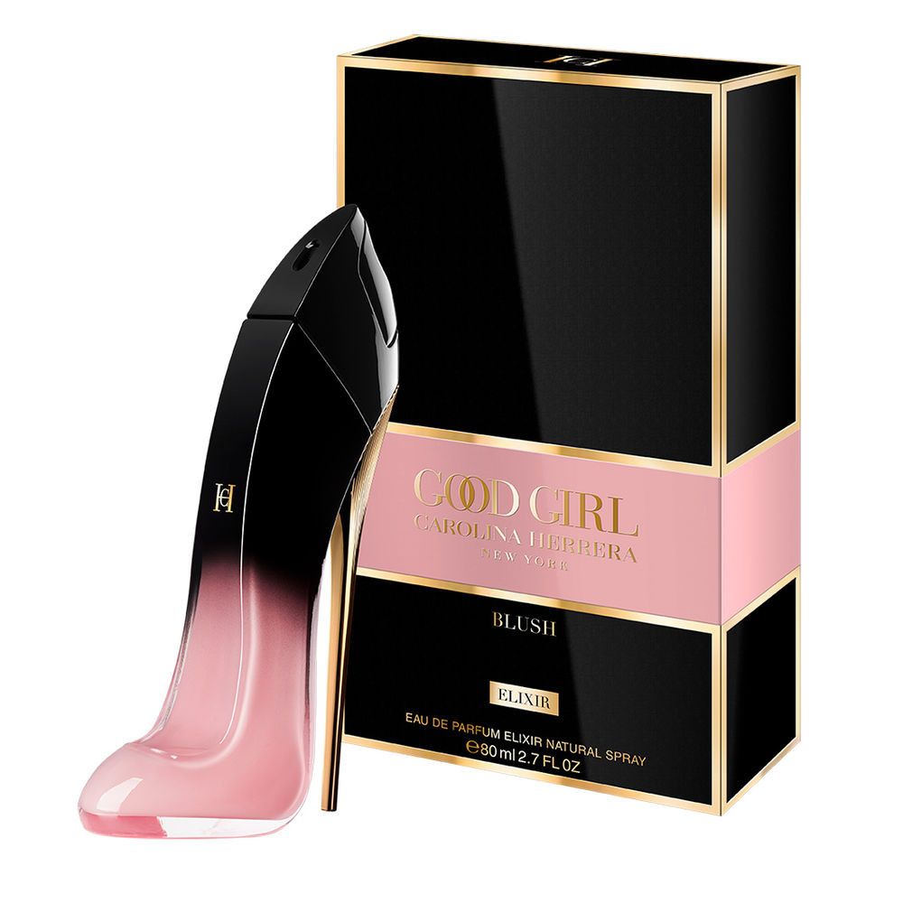 Schwarze und rosa Parfümflasche in Form eines High Heels mit Verpackung. Goldene Akzente und Schriftzug.