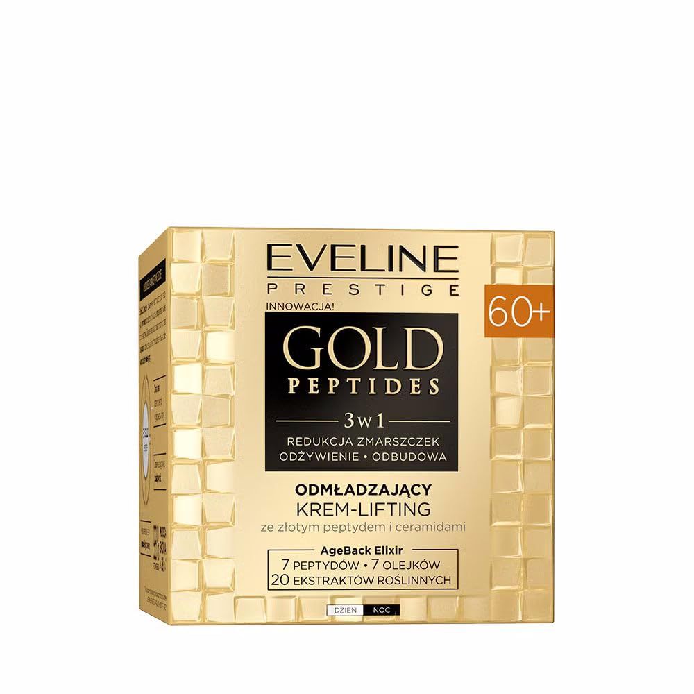 Goldfarbene Faltschachtel mit Produktinformationen. Aufschrift: Eveline Prestige Gold Peptides, 60+. Text in mehreren Sprachen.