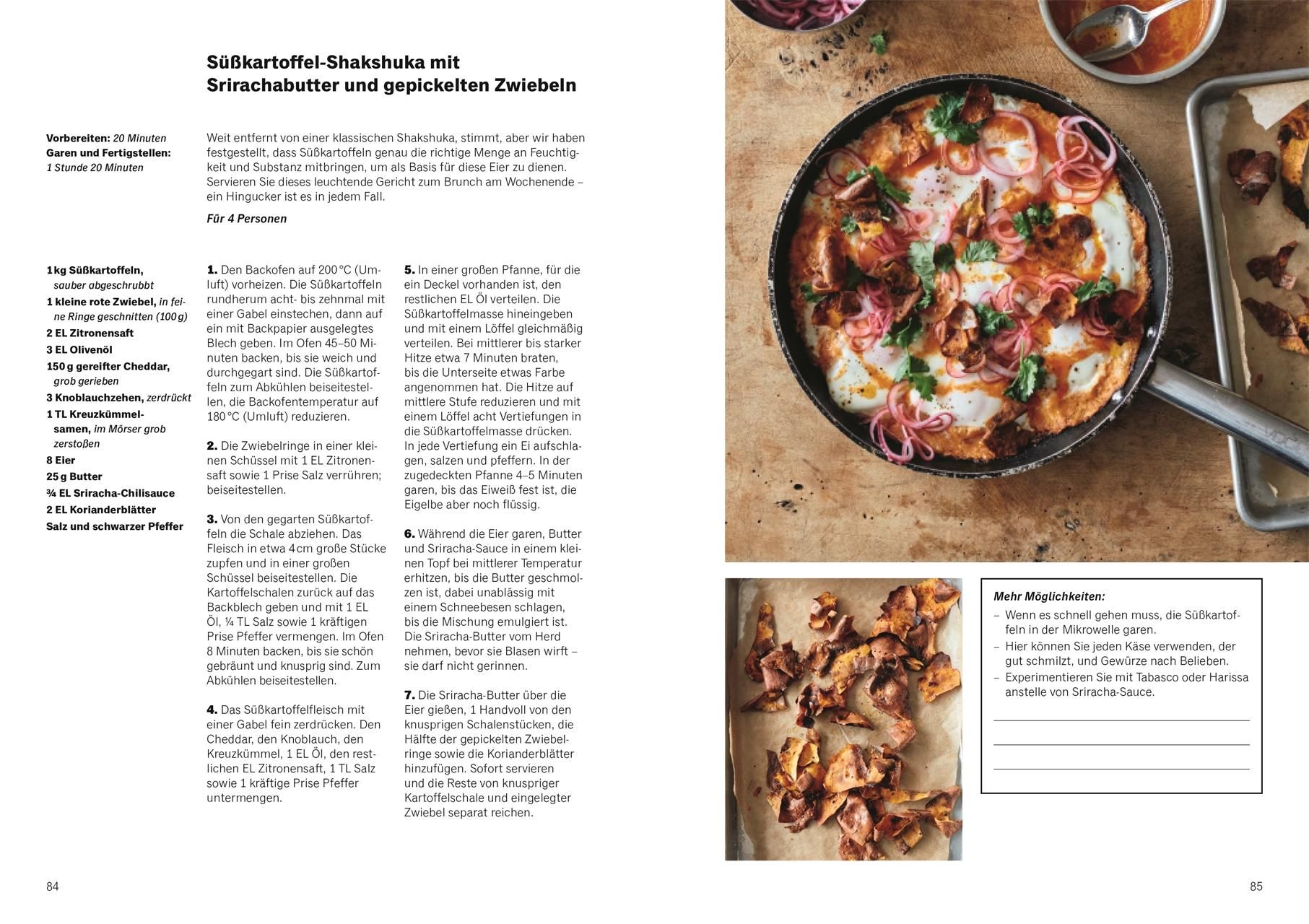 Buchseite mit Text und Fotos. Rezept für 'Süßkartoffel-Shakshuka'. Pfanne mit Gericht, Zutaten und Zubereitung.