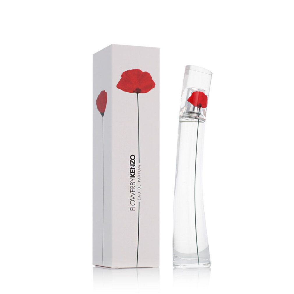 Parfümflasche und Verpackung. Aufdruck: Flower by Kenzo Eau de Parfum. Rote Mohnblume auf weißem Hintergrund.