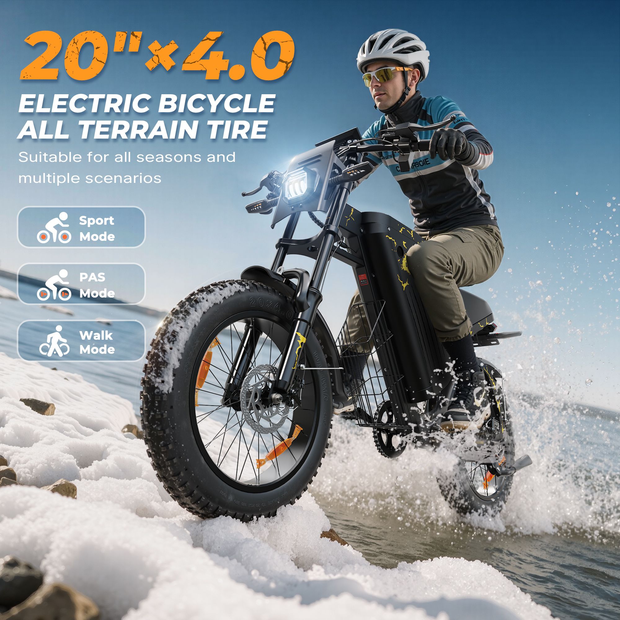 E-Bike mit 20"x4.0 All-Terrain-Reifen. Sport-, PAS- und Walk-Modus. Mann fährt durch Wasser.