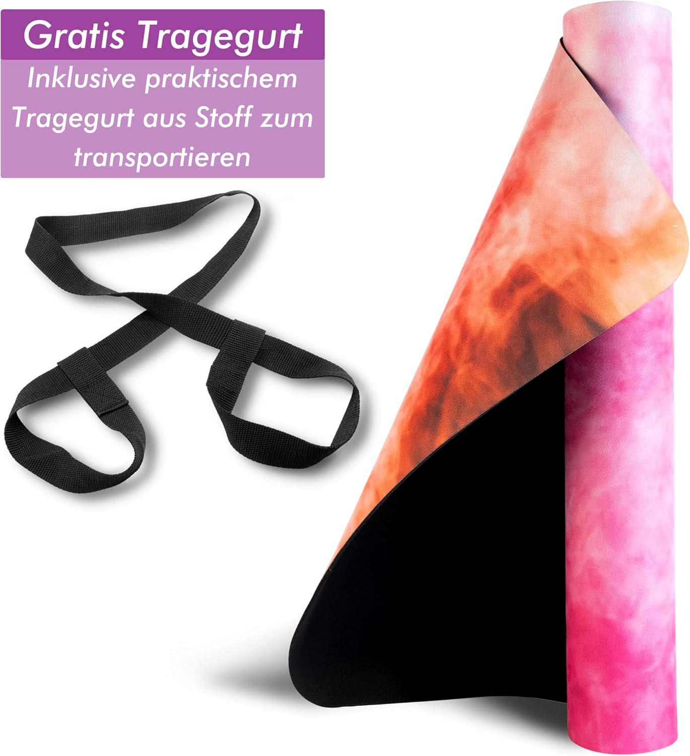 Gerollte Yogamatte mit Tragegurt. Schwarzer Gurt, pink-orangefarbene Matte. Inklusive Tragegurt.