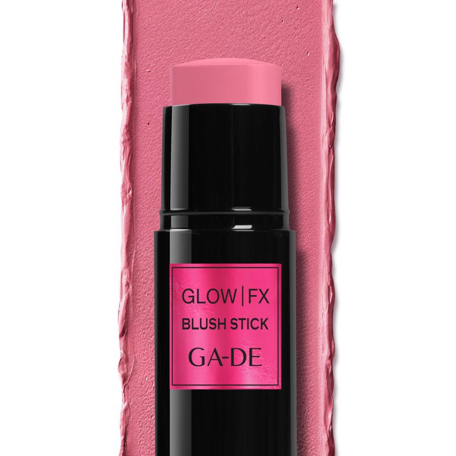 Ein pinker Blush Stick mit schwarzem Gehäuse und der Aufschrift "GA-DE Glow FX Blush Stick".